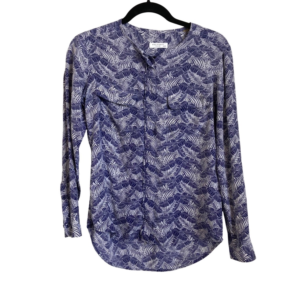 Equipment Femme XS Silk Button Down Shirt Blue White Leaf Print Long Sleeve